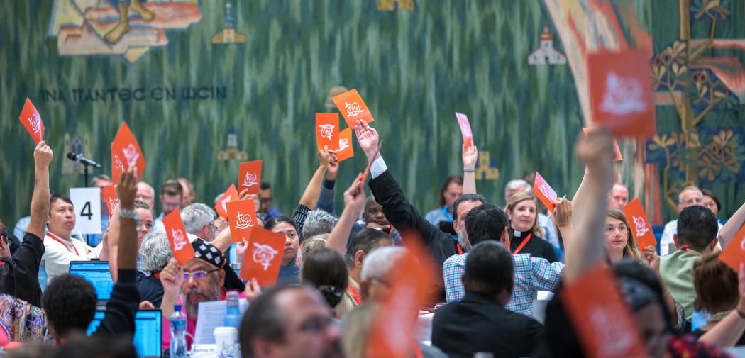 WCC central committee members raising orange cards