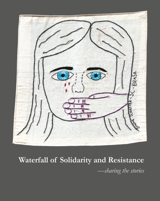 Book cover with the title and an image of a woman with a hand covering her mouth as symbol of GBV on a dark background