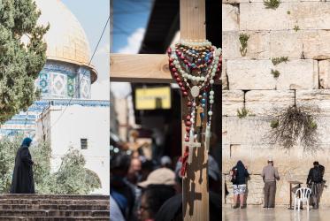 Collage of three images, showing Muslim, Christian and Jewish prayers in the city of Jerusalem.
