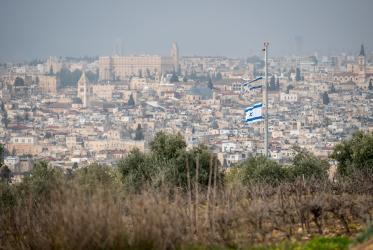 Jerusalem landscape with the flags of Israel