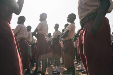 Children assemble at the Loreto Primary School in Maker Kuei, South Sudan.