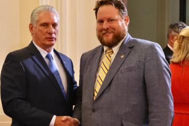 Cuban president Miguel Diaz Canél and WCC programme executive for the Ecumenical Office to the United Nations in New York Dr Ryan Smith.