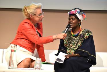 Prof. Dr Mechteld Jansen, rector of the Protestant Theological University and Dr Agnes Abuom, moderator of the WCC Central Committee at a symposium. Photo: Albin Hillert/WCC